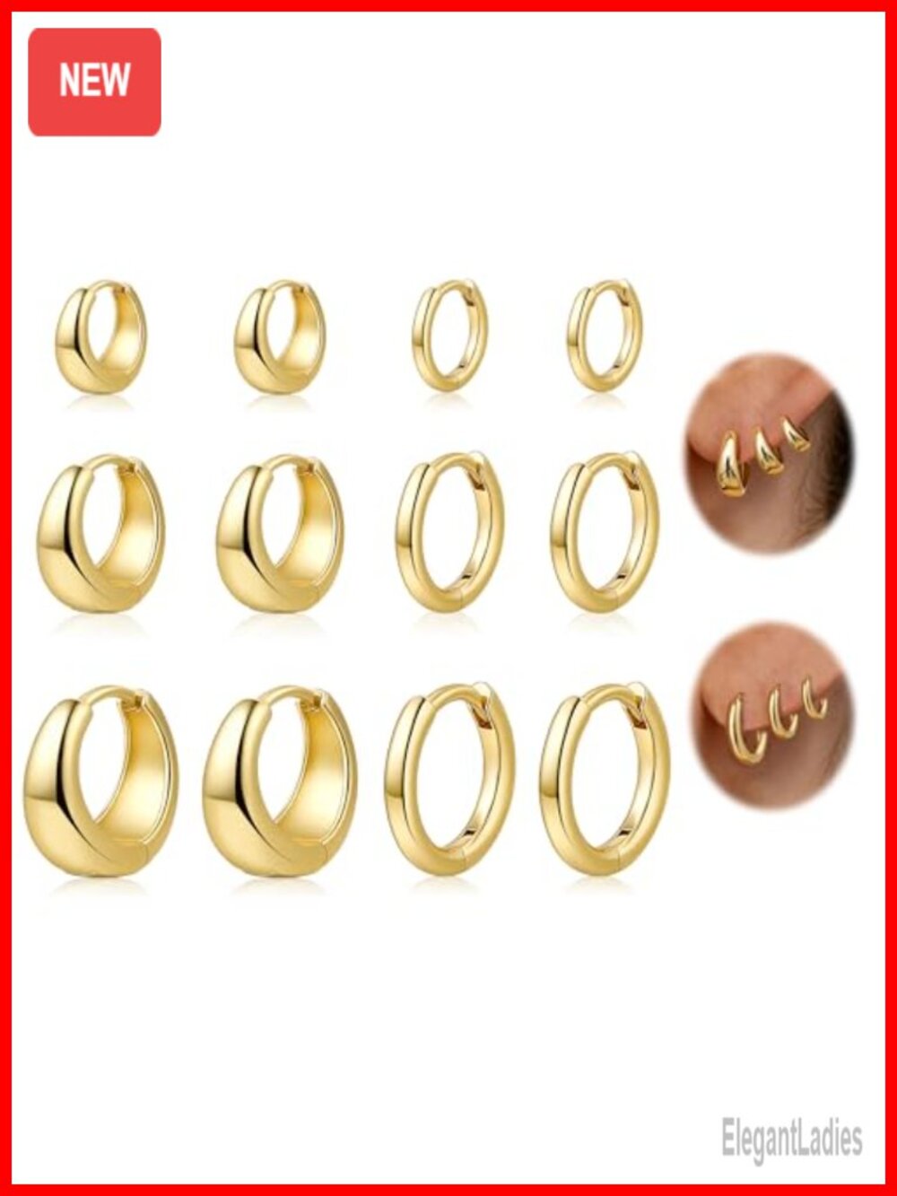 6 Pairs Gold Plated Huggie Hoop Earrings Hypoallergenic Lightweight